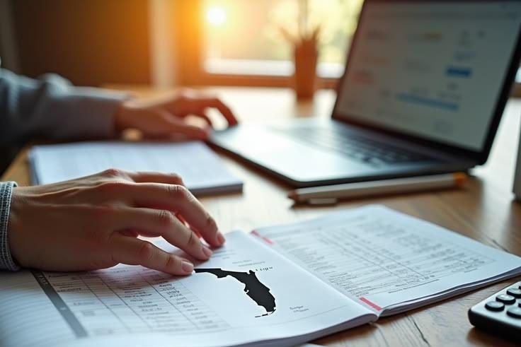 Hands reviewing loan documents next to a laptop